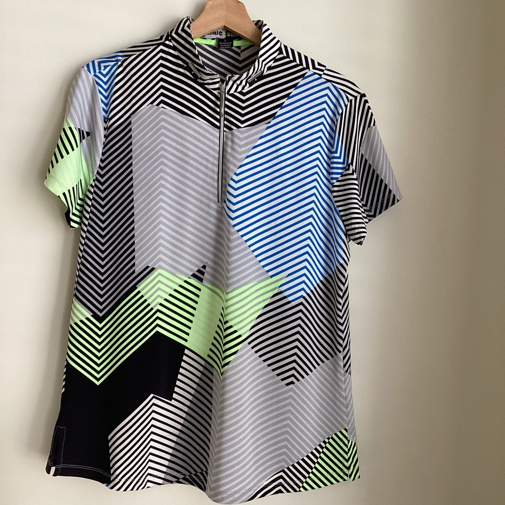 Jamie Sadock Top Womens Large Multi Color Stripe Short Sleeve Geo Print Athletic